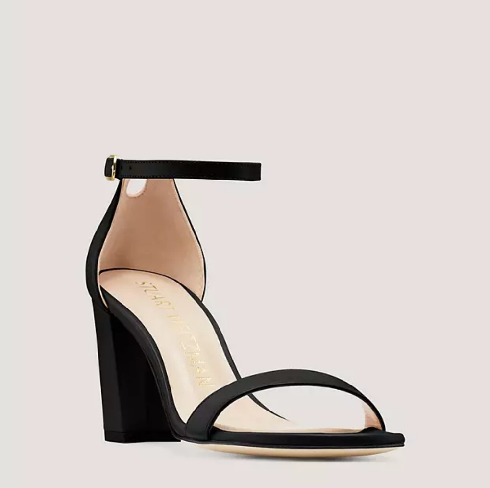 Stuart Weitzman Nearlynude Strap Sandal, new in box, with case, size 10M, black